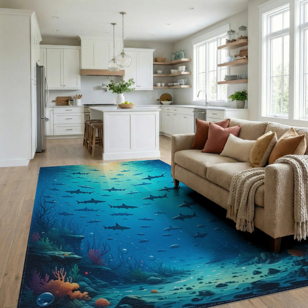 Golden Sunrays Sharks Deep Ocean Rug - Living Room View