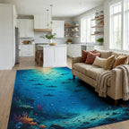 Golden Sunrays Sharks Deep Ocean Rug - Living Room View