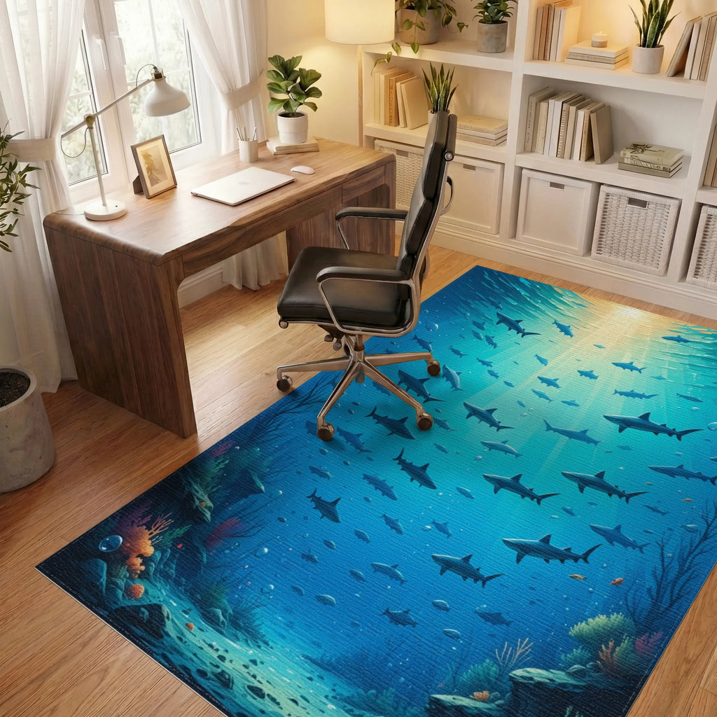 Golden Sunrays Sharks Deep Ocean Rug - Office View