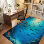Golden Sunrays Sharks Deep Ocean Rug - Office View
