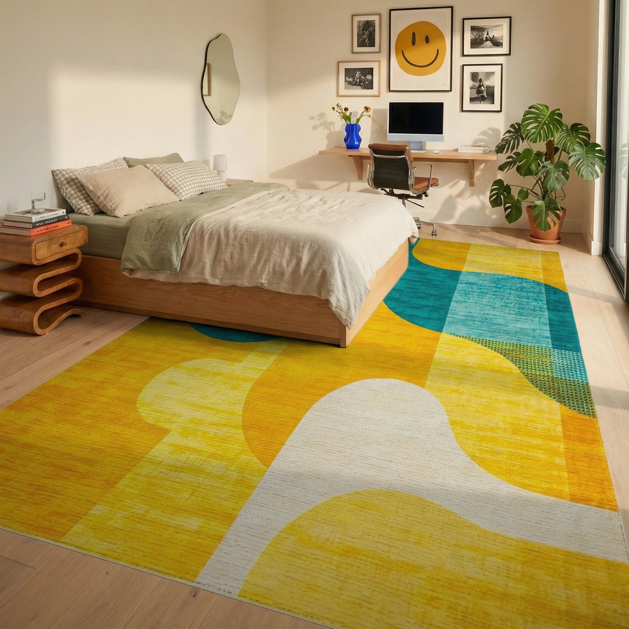 Golden Teal Abstract Organic Shapes Rug - Bedroom View