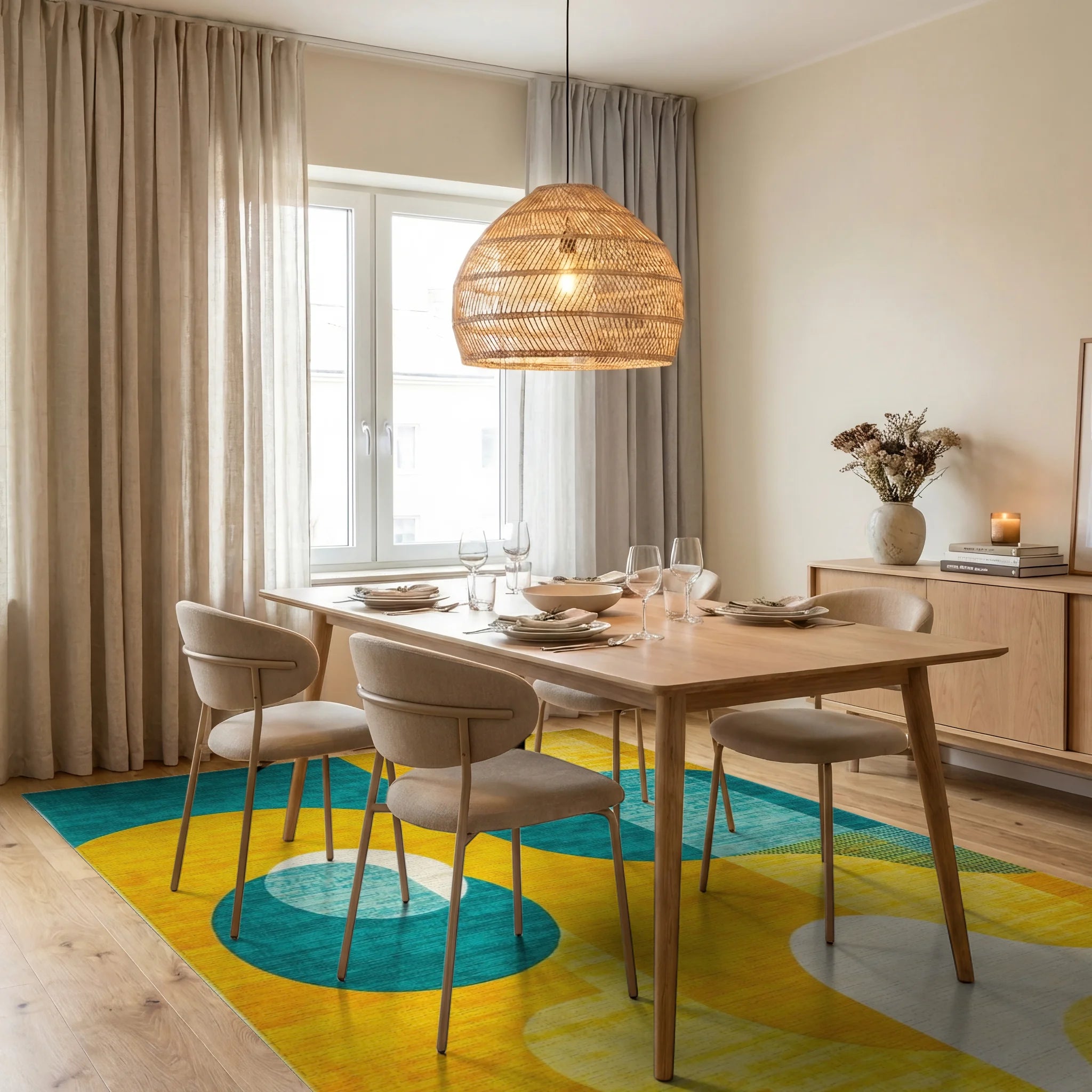Golden Teal Abstract Organic Shapes Rug - Dining Room View