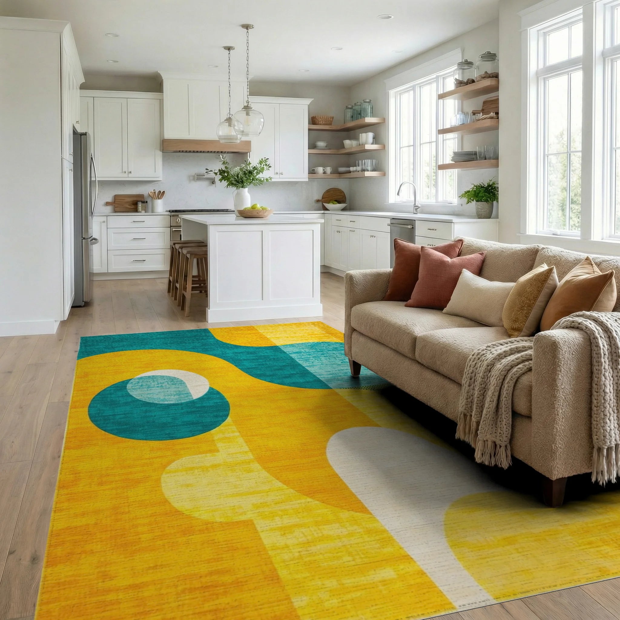 Golden Teal Abstract Organic Shapes Rug - Living Room View