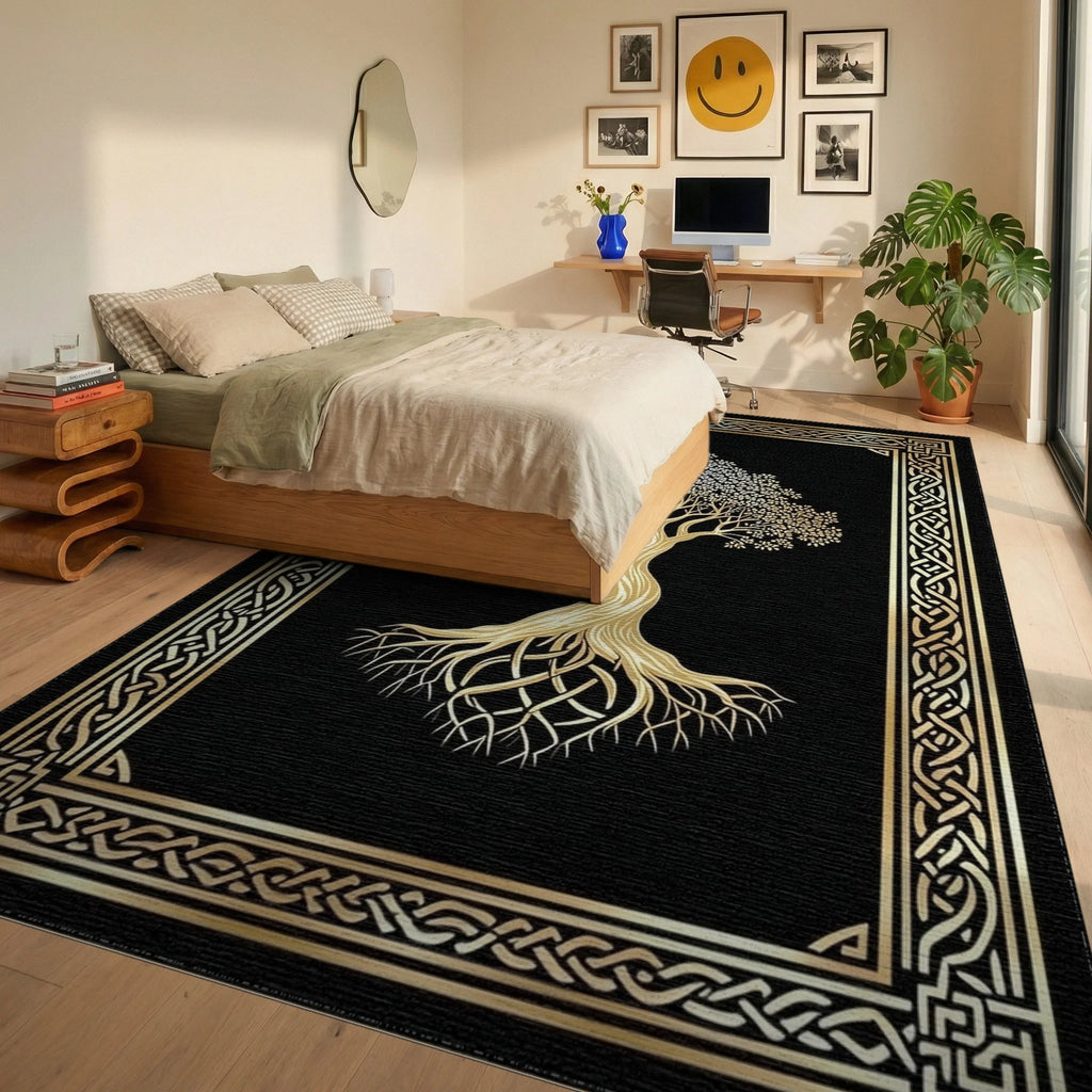 Golden Tree of Life Knot Rug - Bedroom View