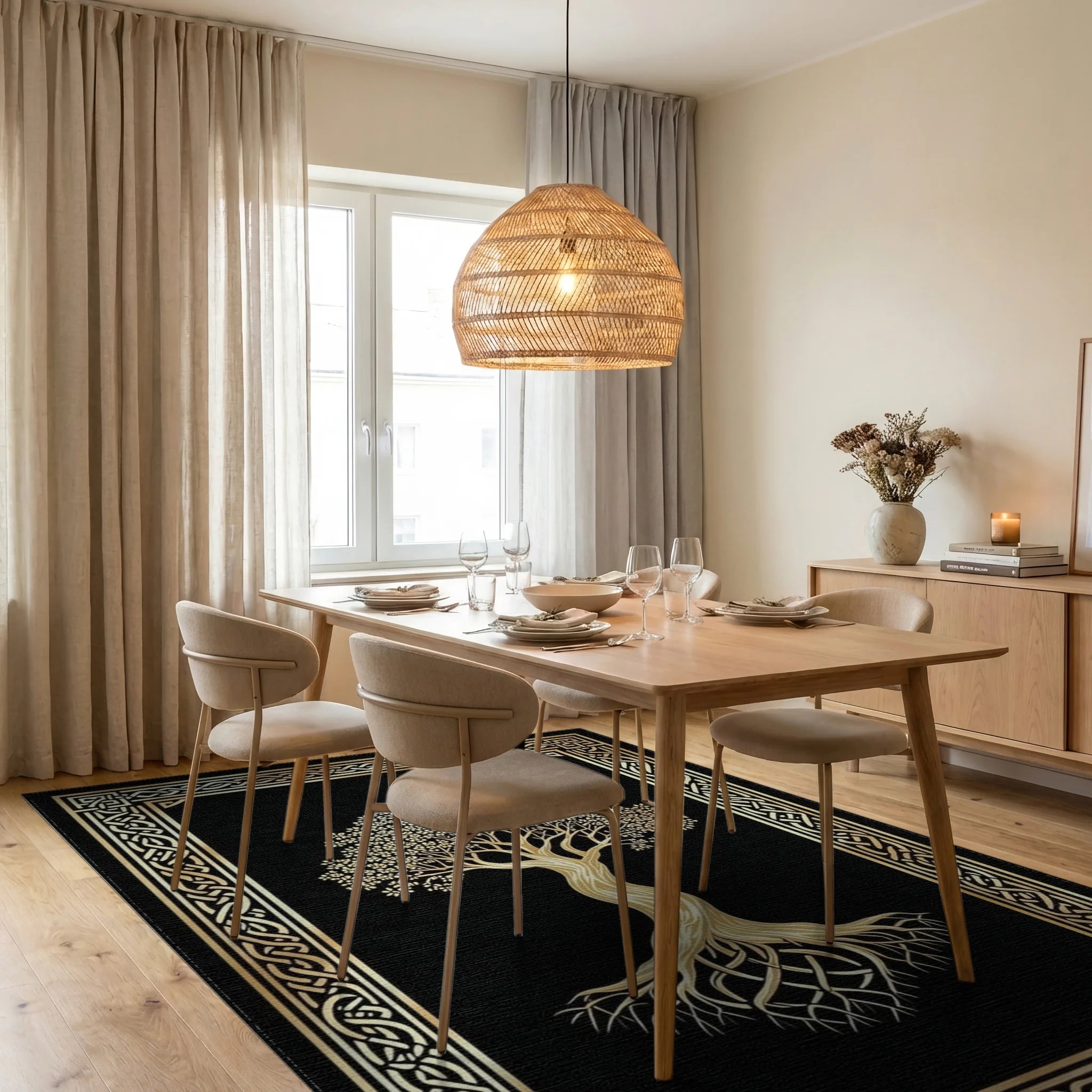 Golden Tree of Life Knot Rug - Dining Room View