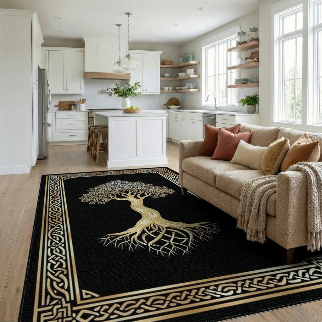 Golden Tree of Life Knot Rug - Living Room View