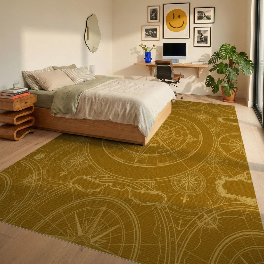 Golden Vintage Compass Map Rug Bedroom View