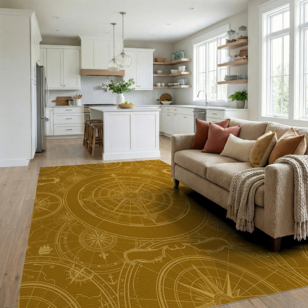 Golden Vintage Compass Map Rug Living Room View