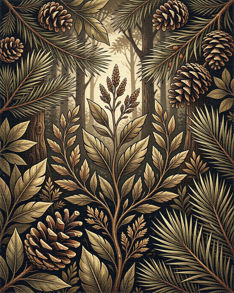 Golden Woodland Pine Cone Botanical Area Rug - Cutout View