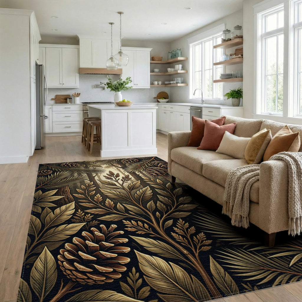 Golden Woodland Pine Cone Botanical Area Rug Living Room View