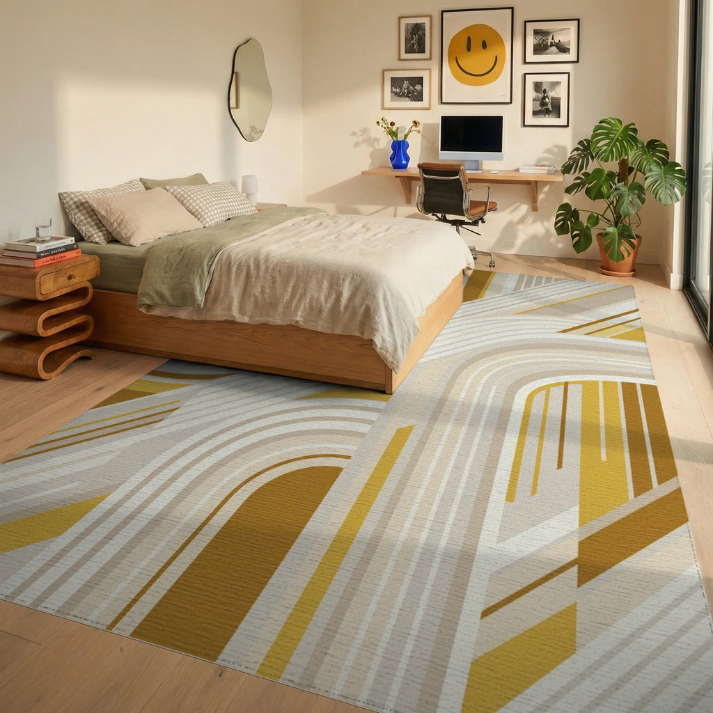Golden Yellow Arched Stripes Rug Bedroom View