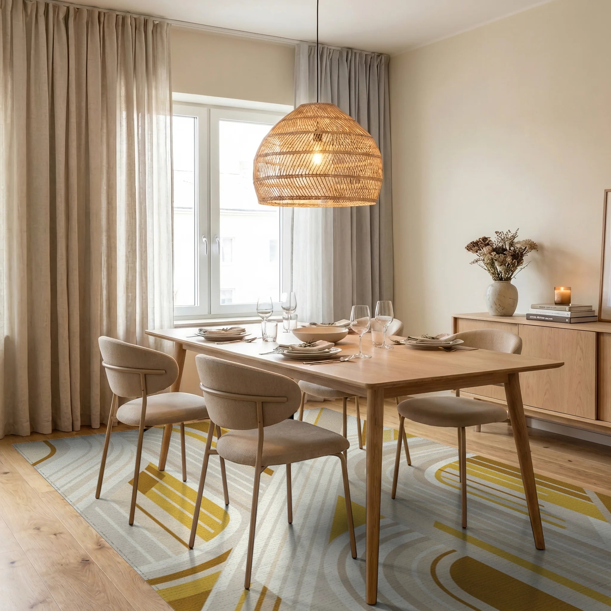 Golden Yellow Arched Stripes Rug Dining Room View