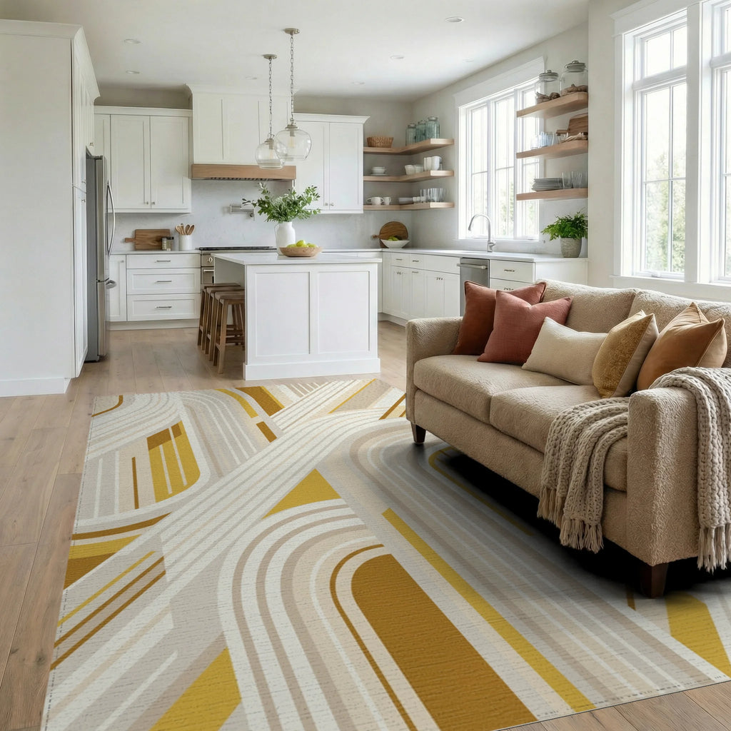 Golden Yellow Arched Stripes Rug Living Room View