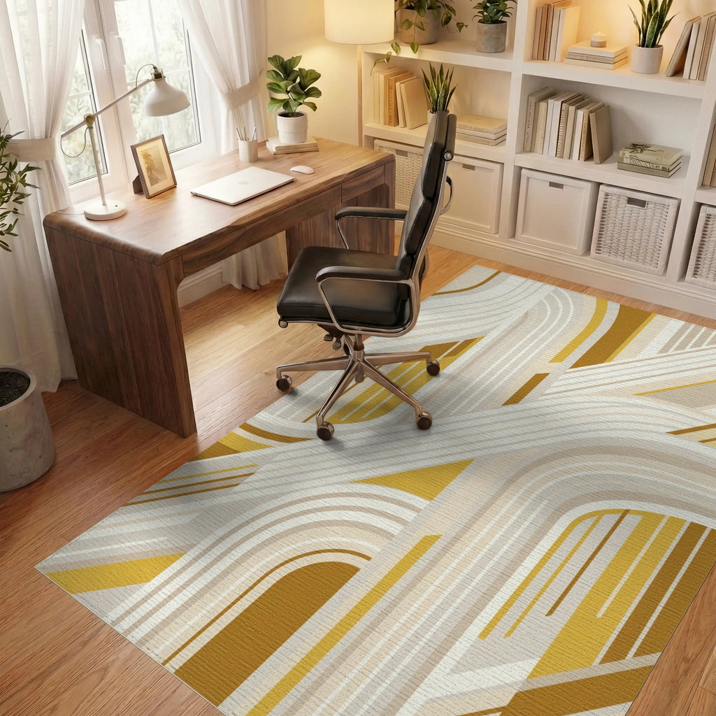 Golden Yellow Arched Stripes Rug Office View