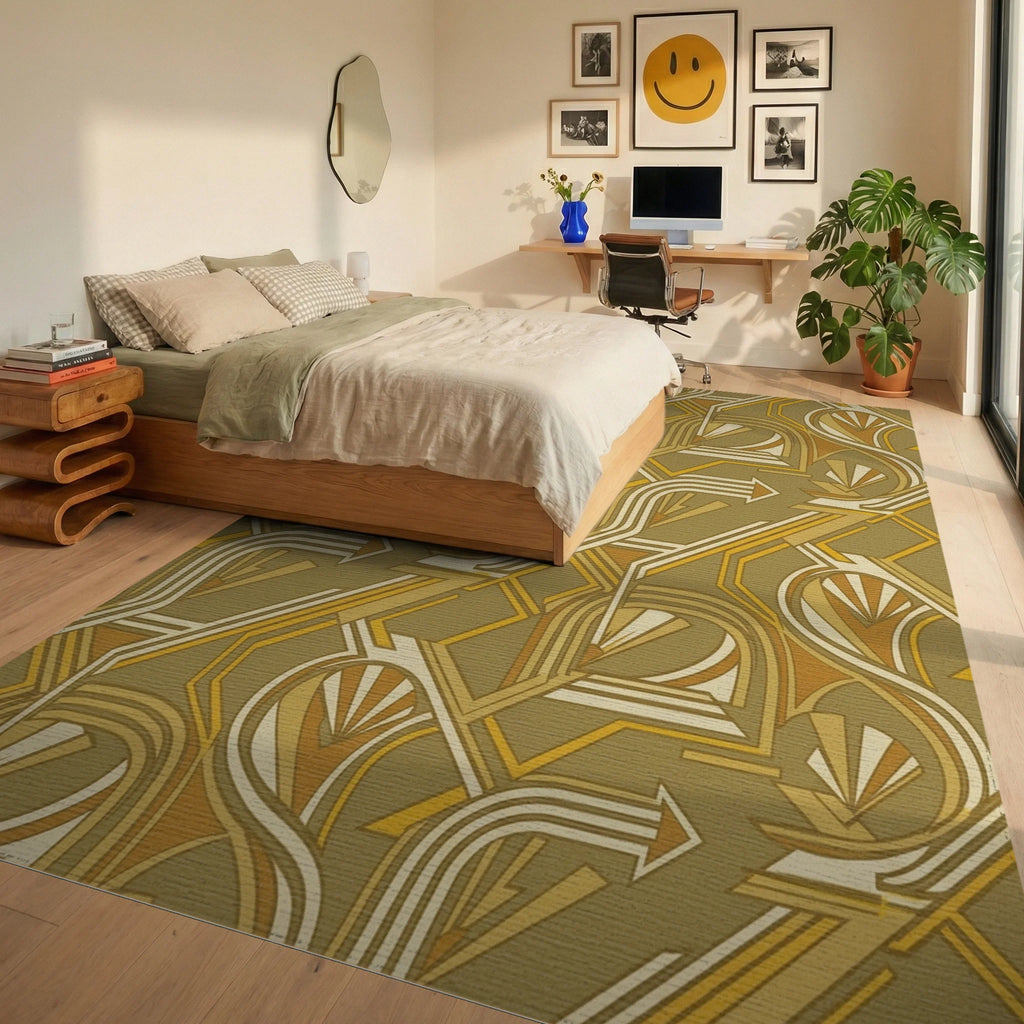 Golden Yellow Art Deco Geometric Rug Bedroom View