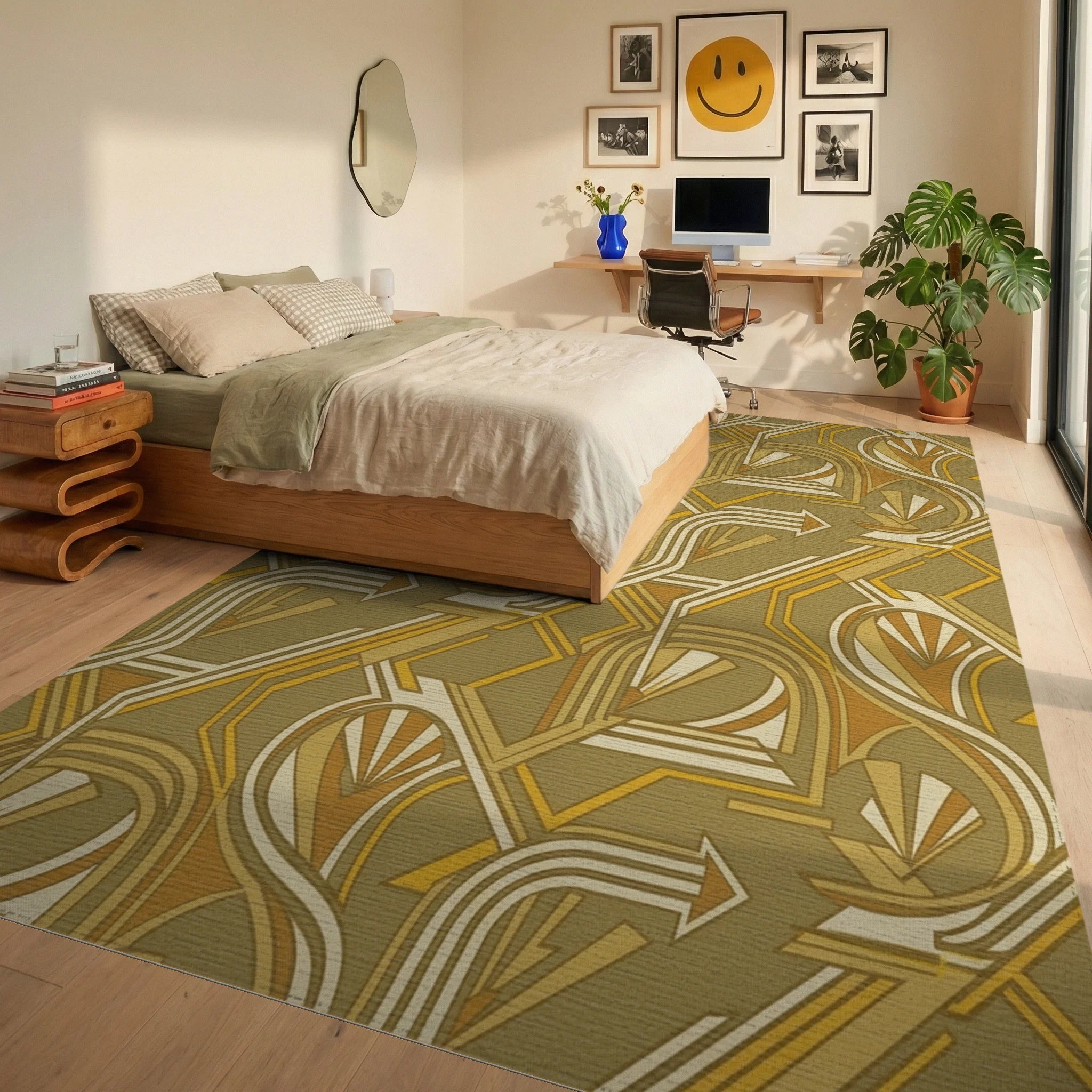 Golden Yellow Art Deco Geometric Rug Bedroom View