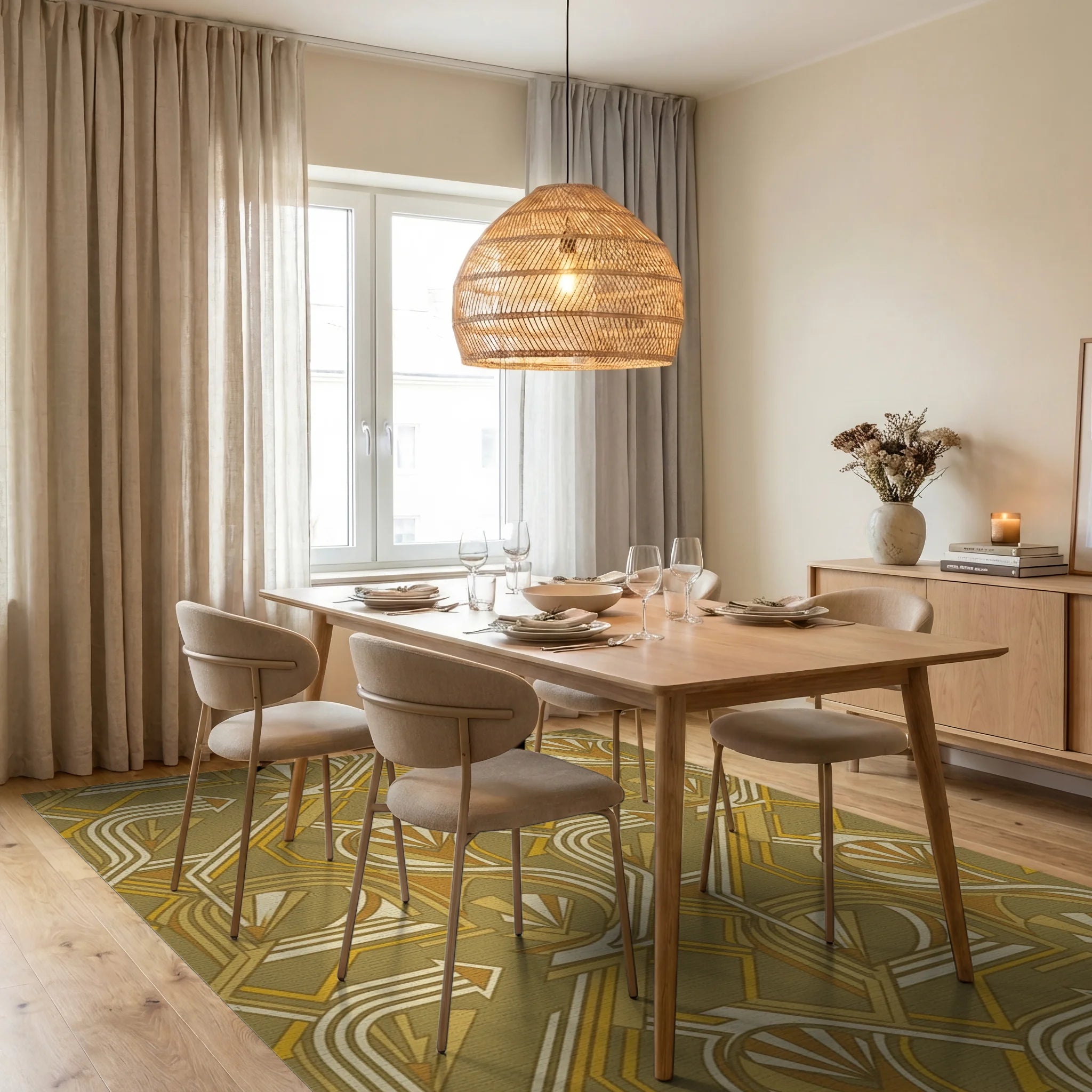 Golden Yellow Art Deco Geometric Rug Dining Room View