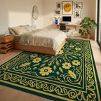 Golden Yellow Floral Centerpiece Rug Bedroom View