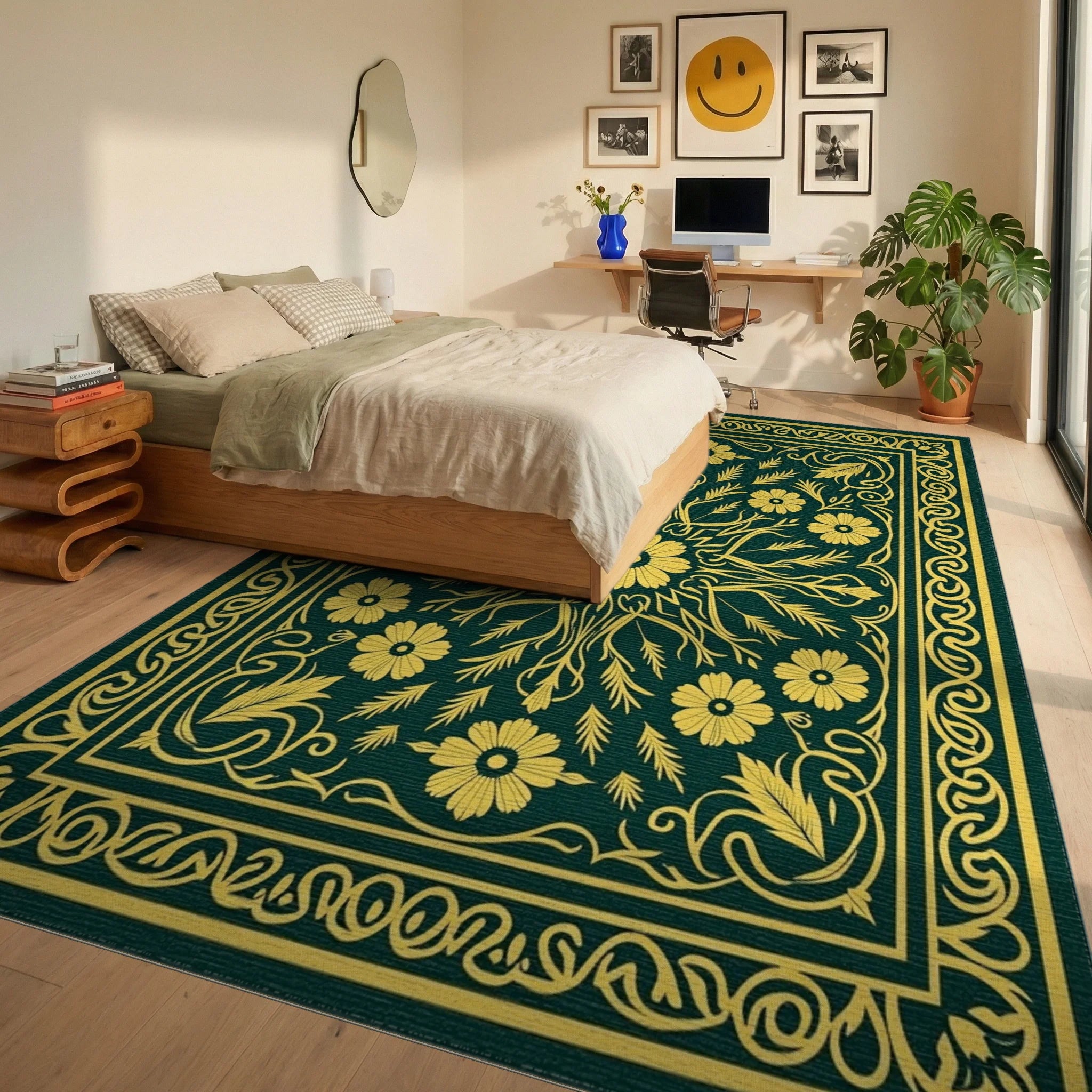 Golden Yellow Floral Centerpiece Rug Bedroom View