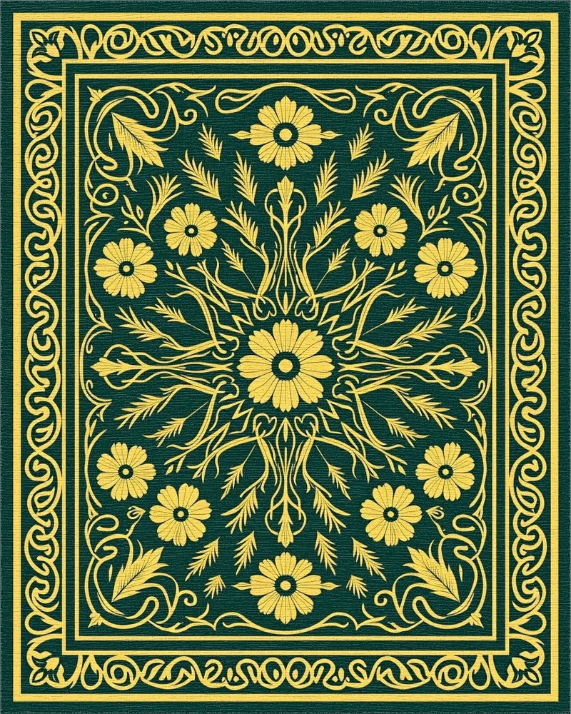 Golden Yellow Floral Centerpiece Rug - Cutout View
