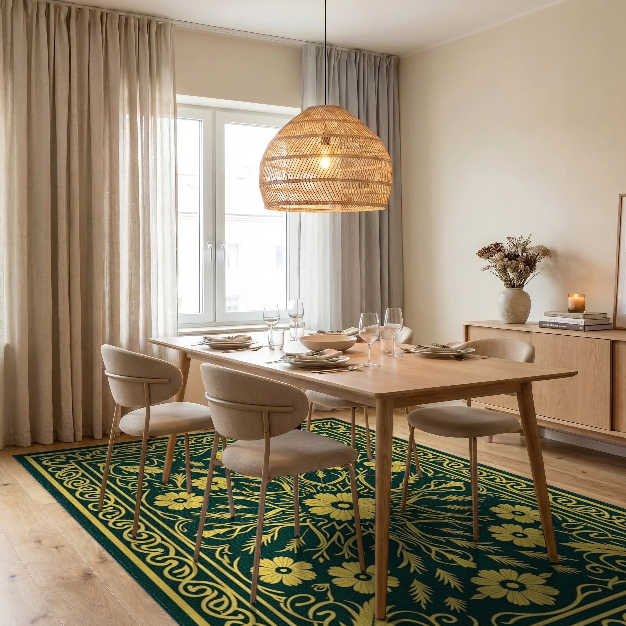 Golden Yellow Floral Centerpiece Rug Dining Room View