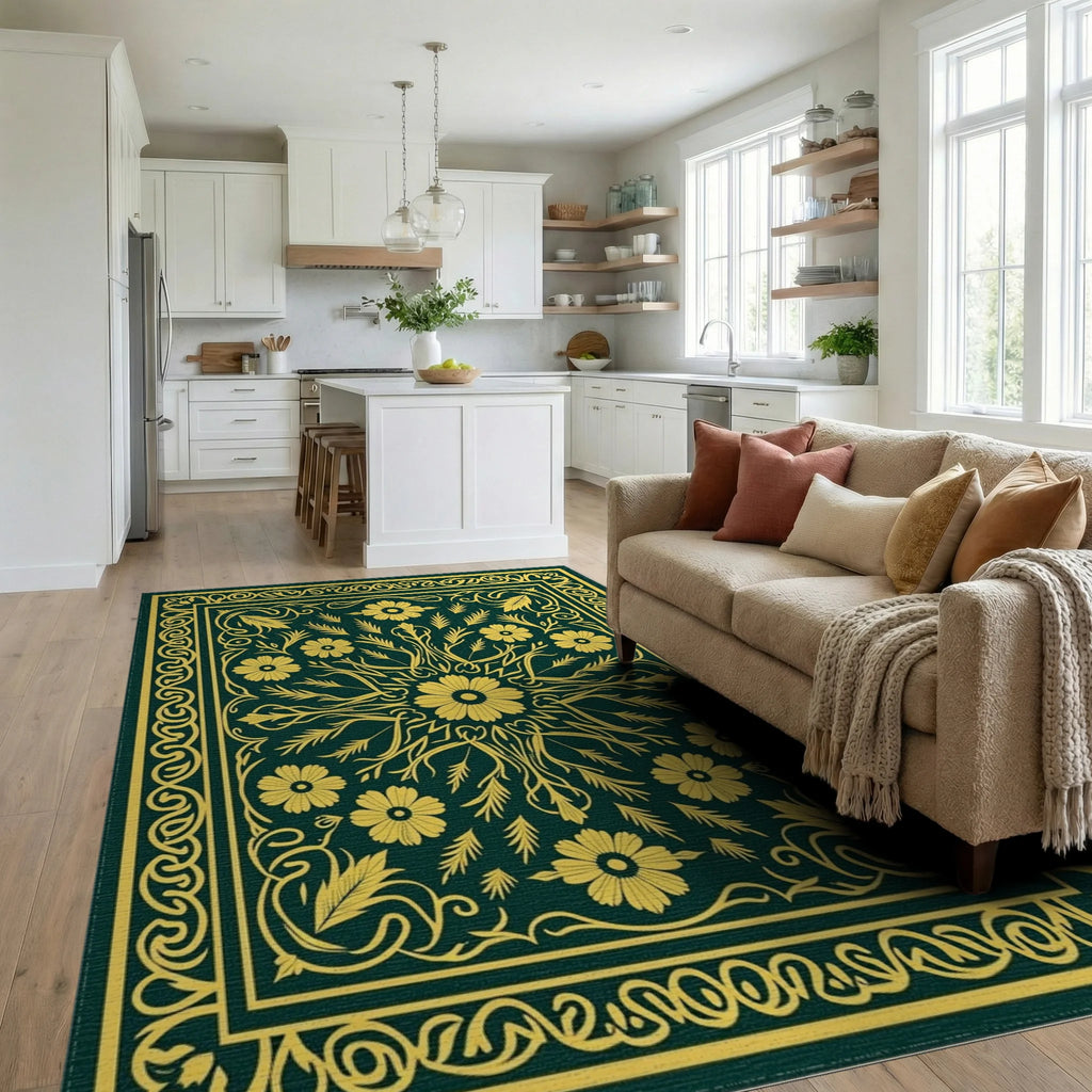 Golden Yellow Floral Centerpiece Rug Living Room View