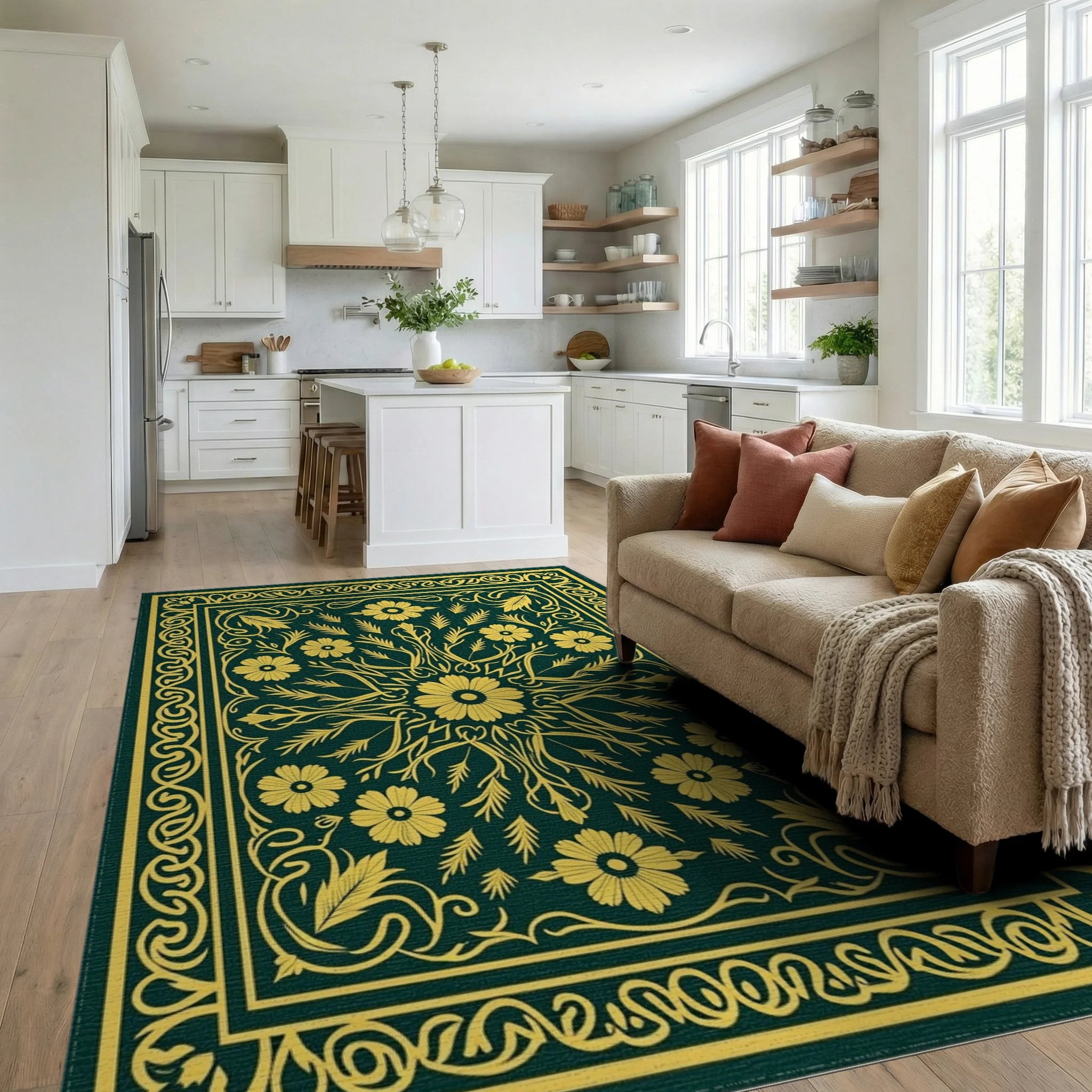 Golden Yellow Floral Centerpiece Rug Living Room View