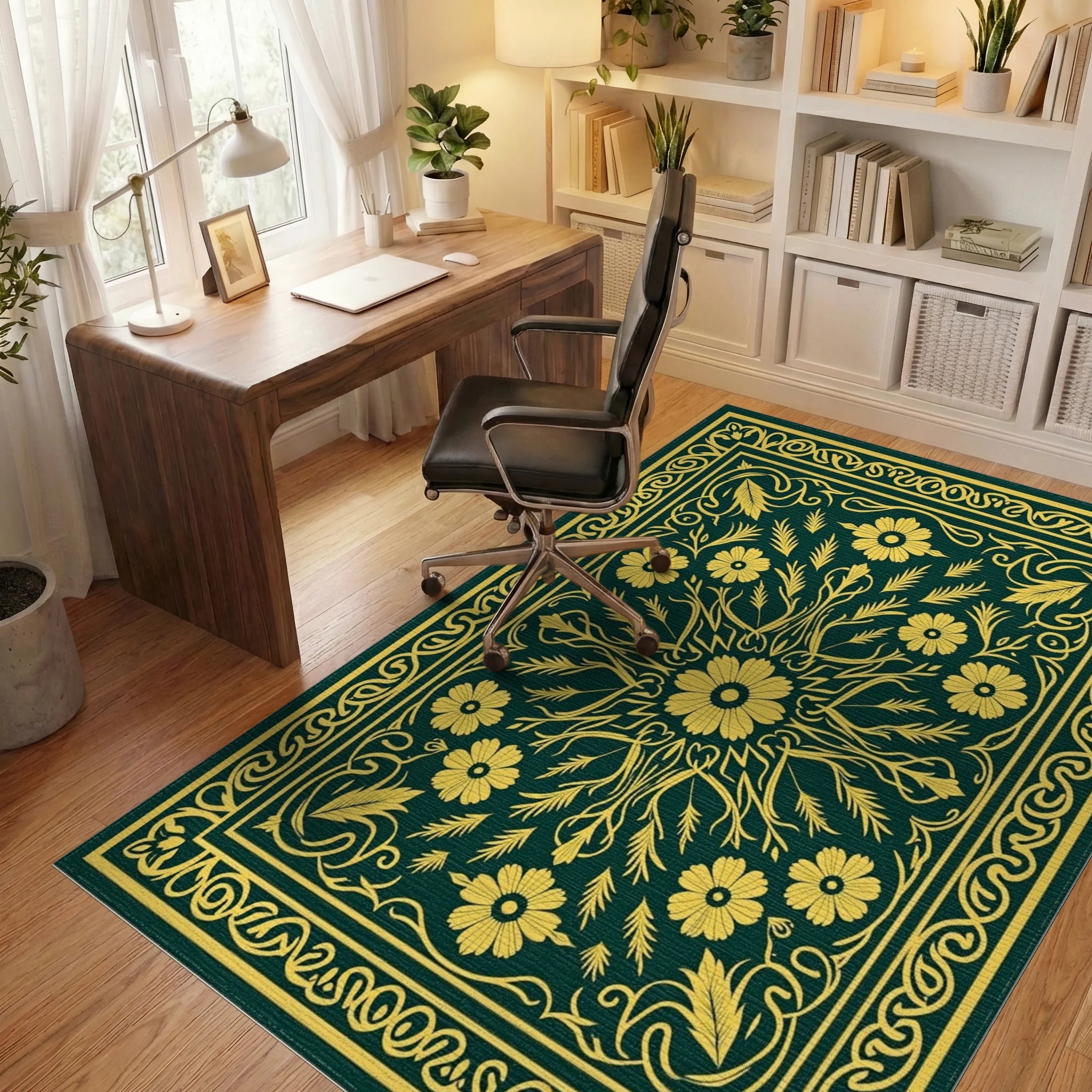 Golden Yellow Floral Centerpiece Rug Office View
