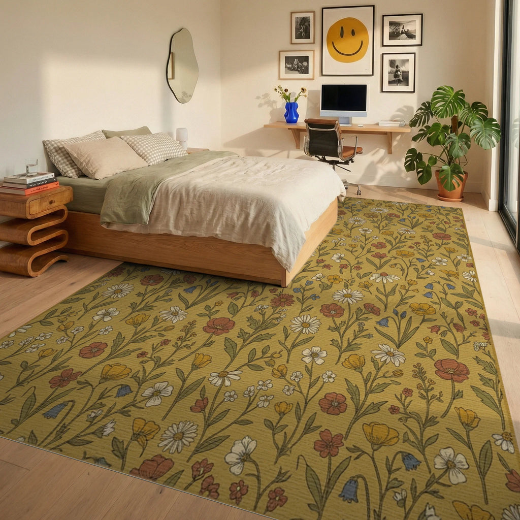 Golden Yellow Meadow Floral Arrangement Rug Bedroom View