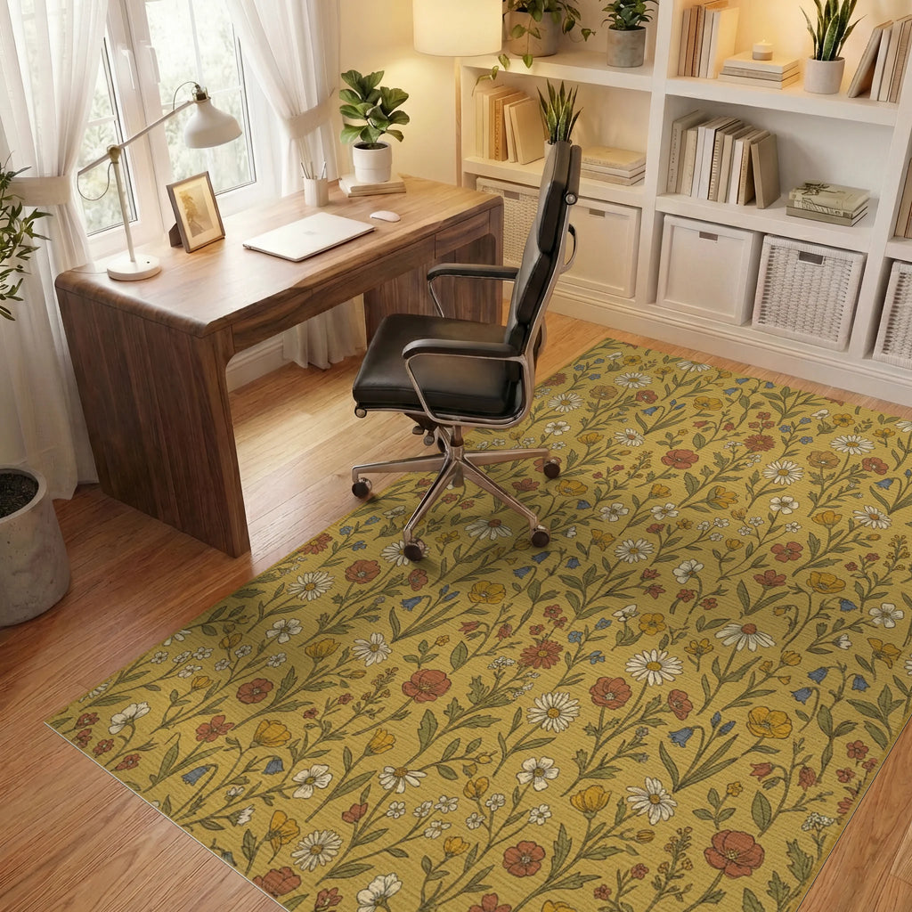 Golden Yellow Meadow Floral Arrangement Rug Office View