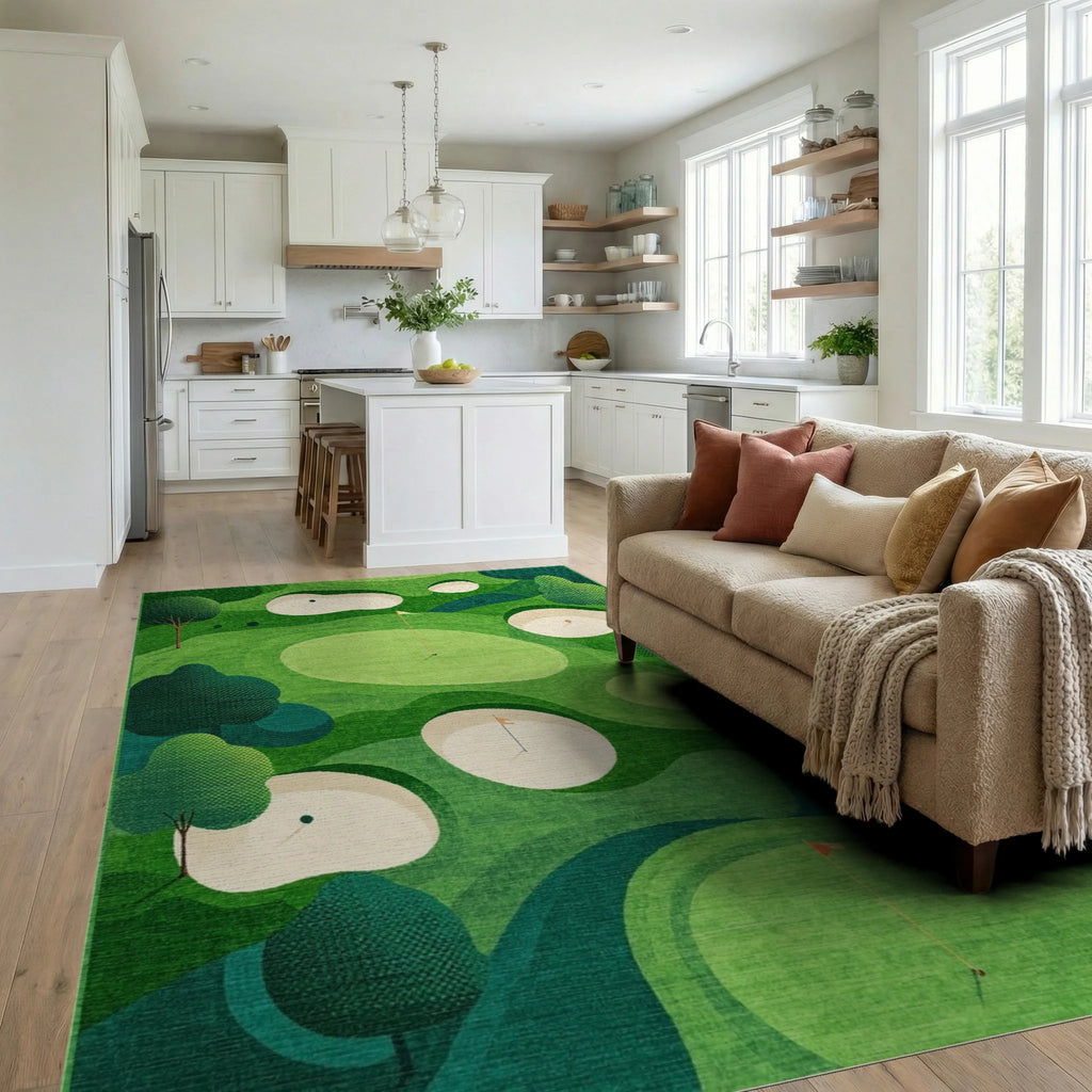 Golf Course Green Landscape Pattern Rug - Living Room View
