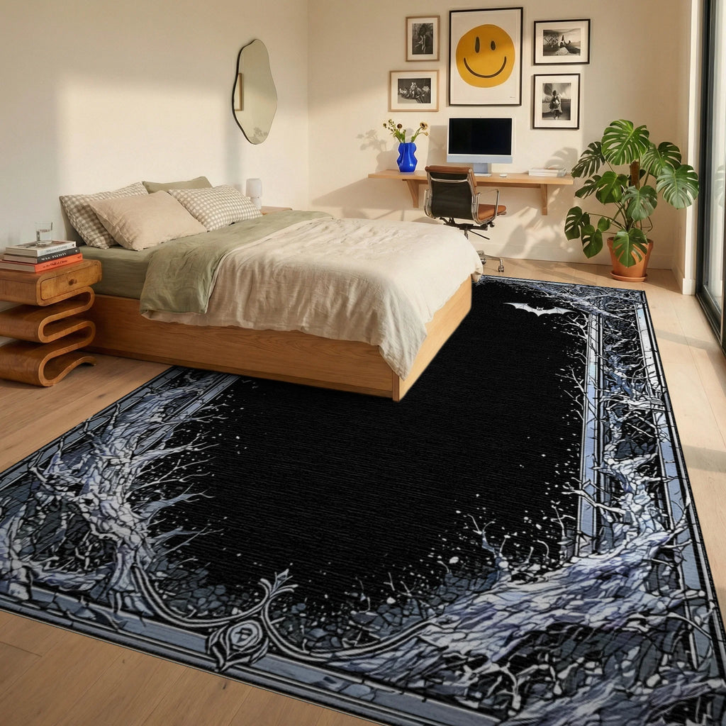 Gothic Bat Arched Branch Rug - Bedroom View