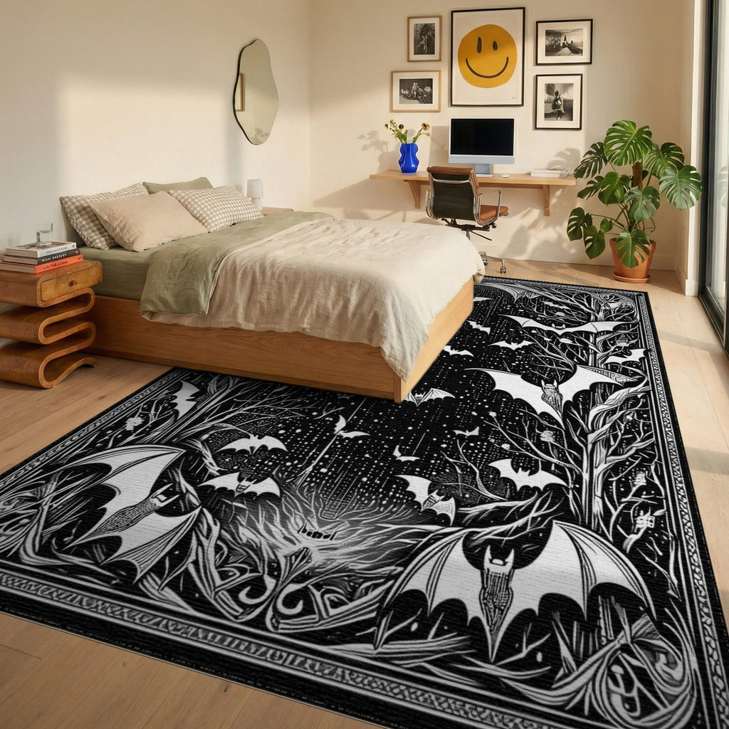 Gothic Bats Starry Branches Rug - Bedroom View