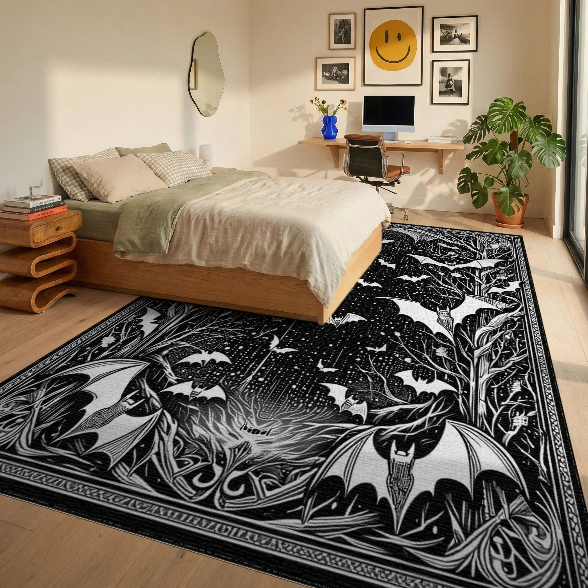 Gothic Bats Starry Branches Rug - Bedroom View