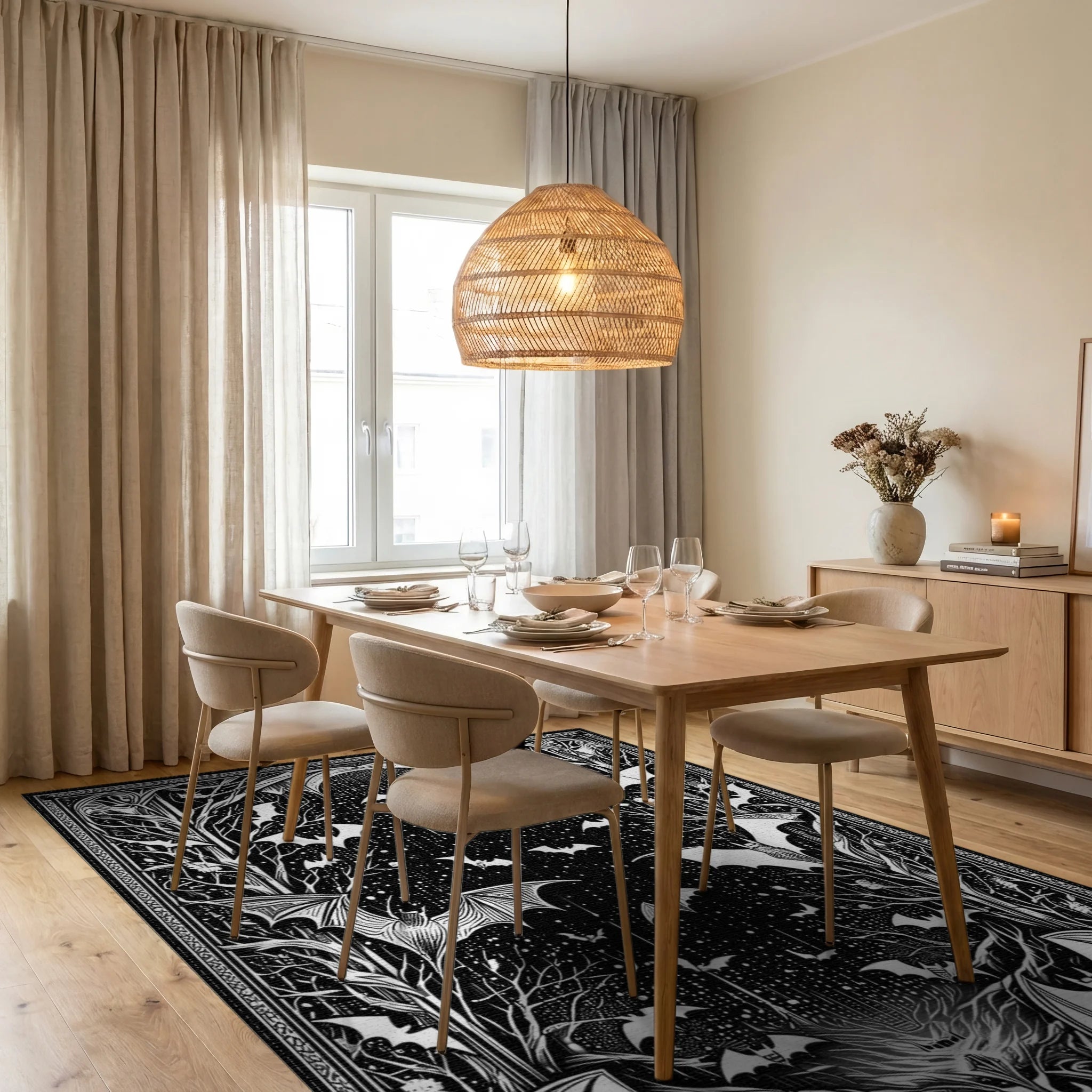 Gothic Bats Starry Branches Rug - Dining Room View