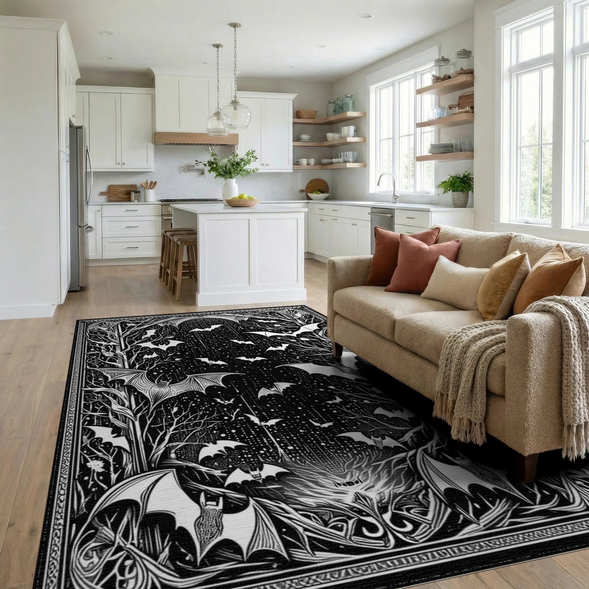 Gothic Bats Starry Branches Rug - Living Room View