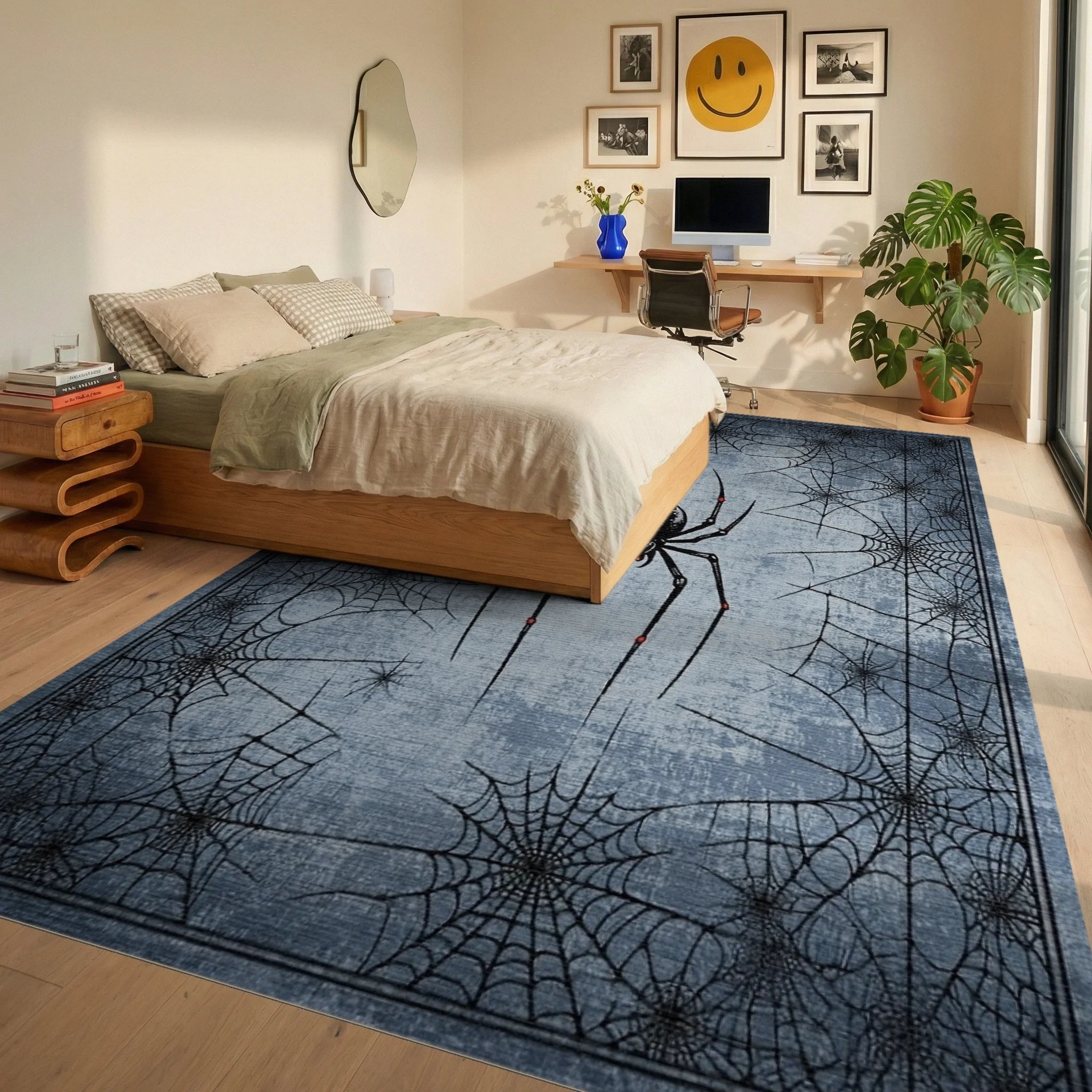 Gothic Black Widow Spider Web Design Rug - Bedroom View