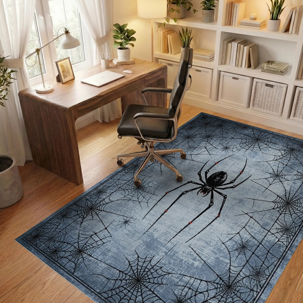 Gothic Black Widow Spider Web Design Rug - Office View