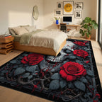 Gothic Cracked Skull Red Roses Rug - Bedroom View