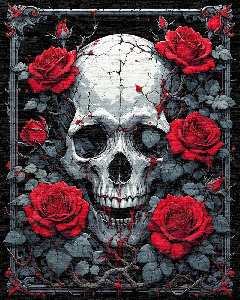 Gothic Cracked Skull Red Roses Rug - Cutout View
