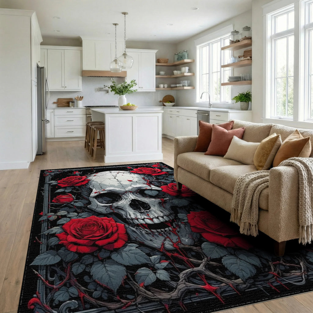 Gothic Cracked Skull Red Roses Rug - Living Room View