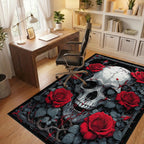 Gothic Cracked Skull Red Roses Rug - Office View