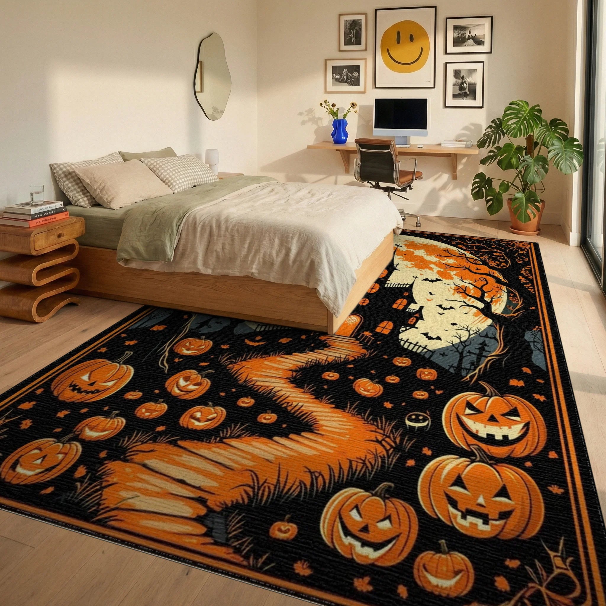 Gothic Full Moon Haunted Castle Pumpkins Rug - Bedroom View