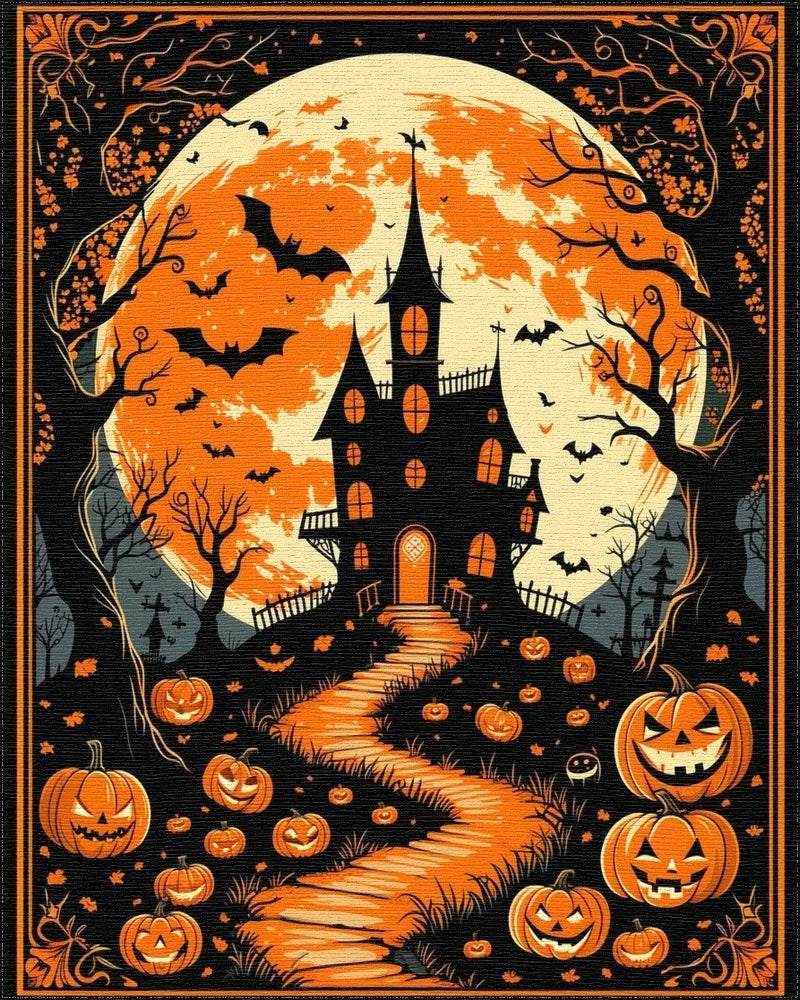 Gothic Full Moon Haunted Castle Pumpkins Rug - Cutout View