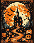 Gothic Full Moon Haunted Castle Pumpkins Rug - Cutout View