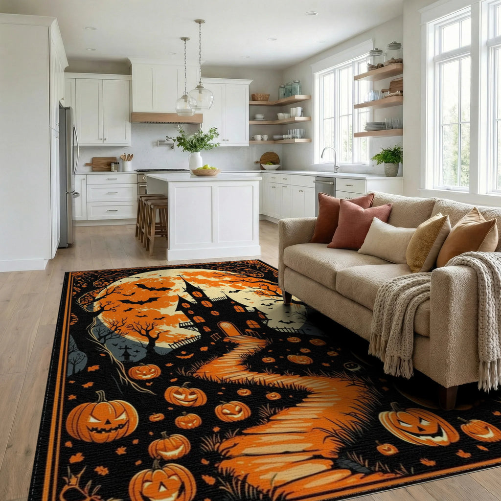 Gothic Full Moon Haunted Castle Pumpkins Rug - Living Room View