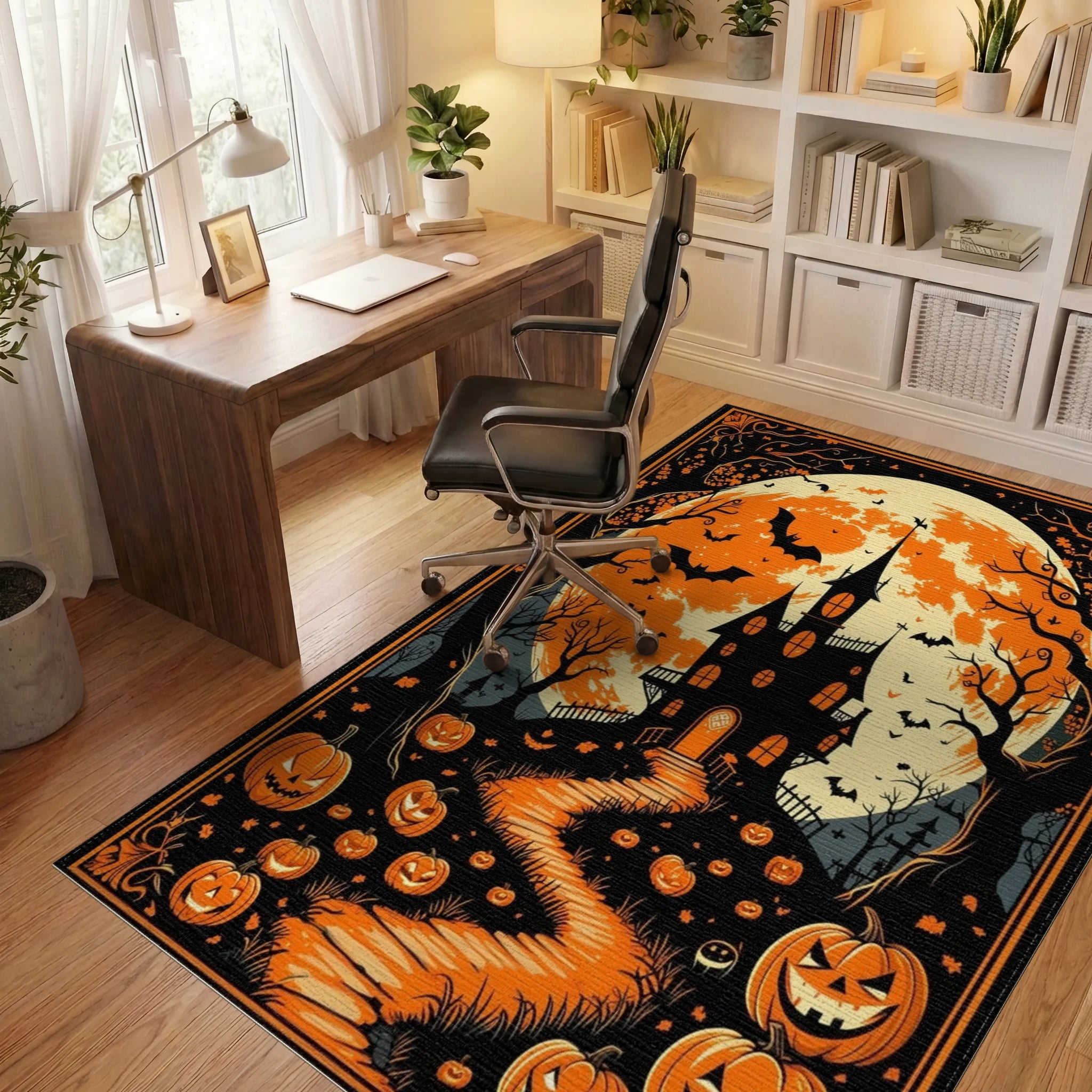 Gothic Full Moon Haunted Castle Pumpkins Rug - Office View