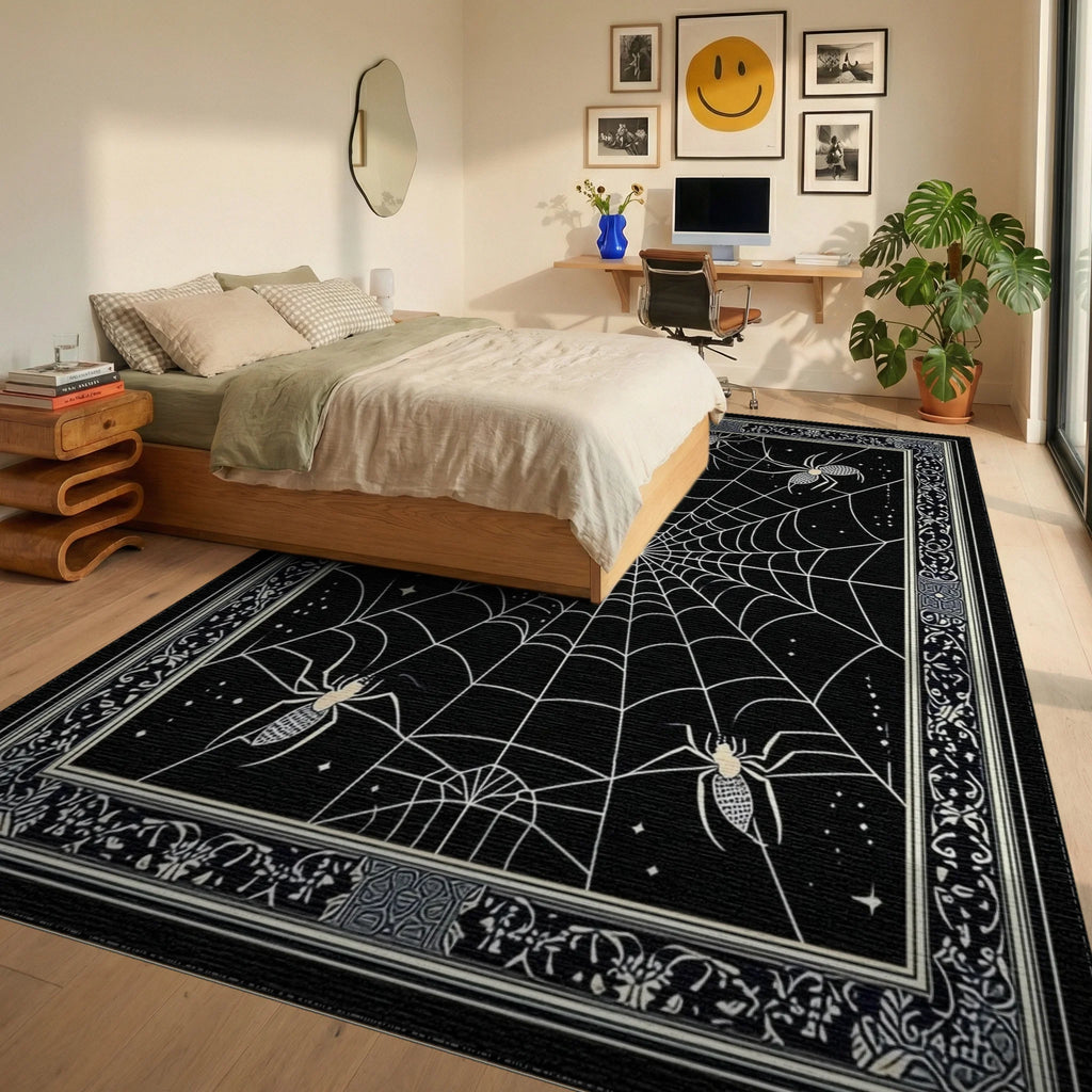 Gothic Ornate Spider Web Rug - Bedroom View