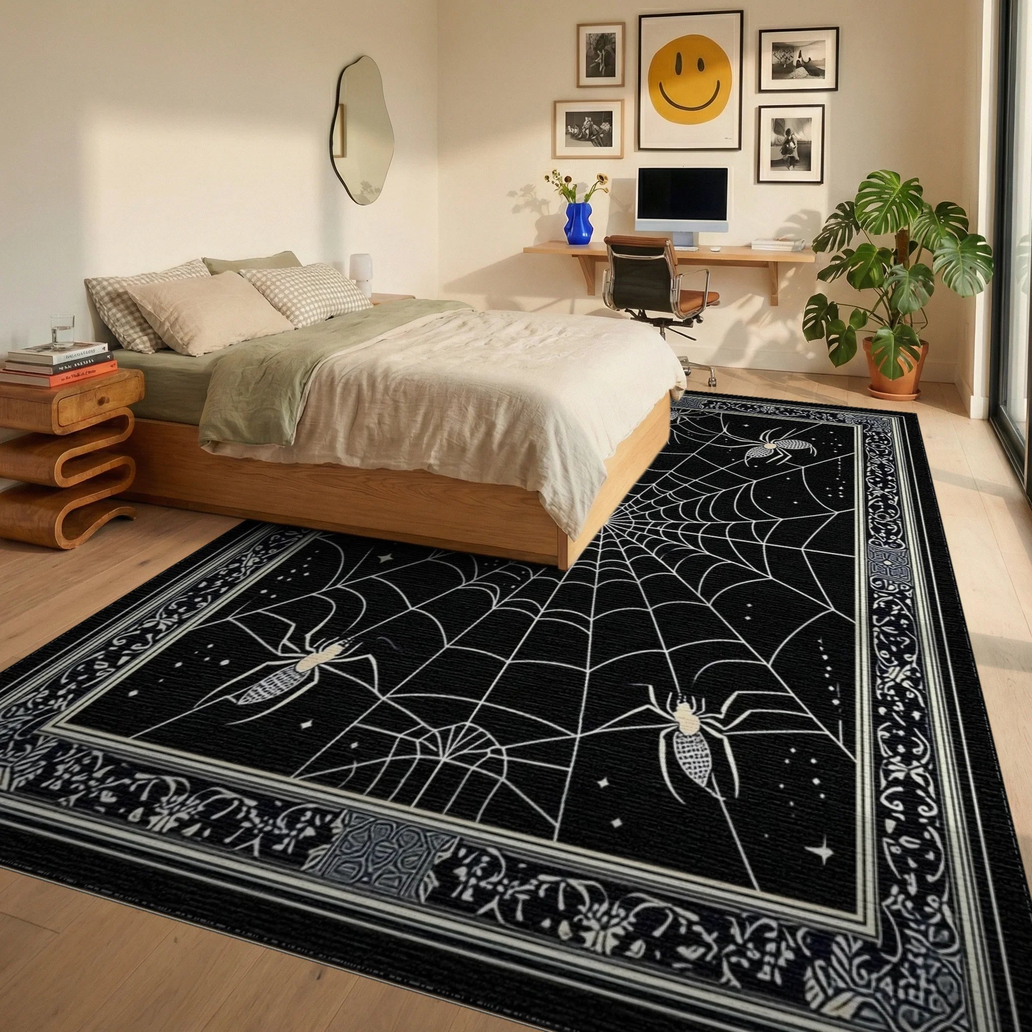 Gothic Ornate Spider Web Rug - Bedroom View