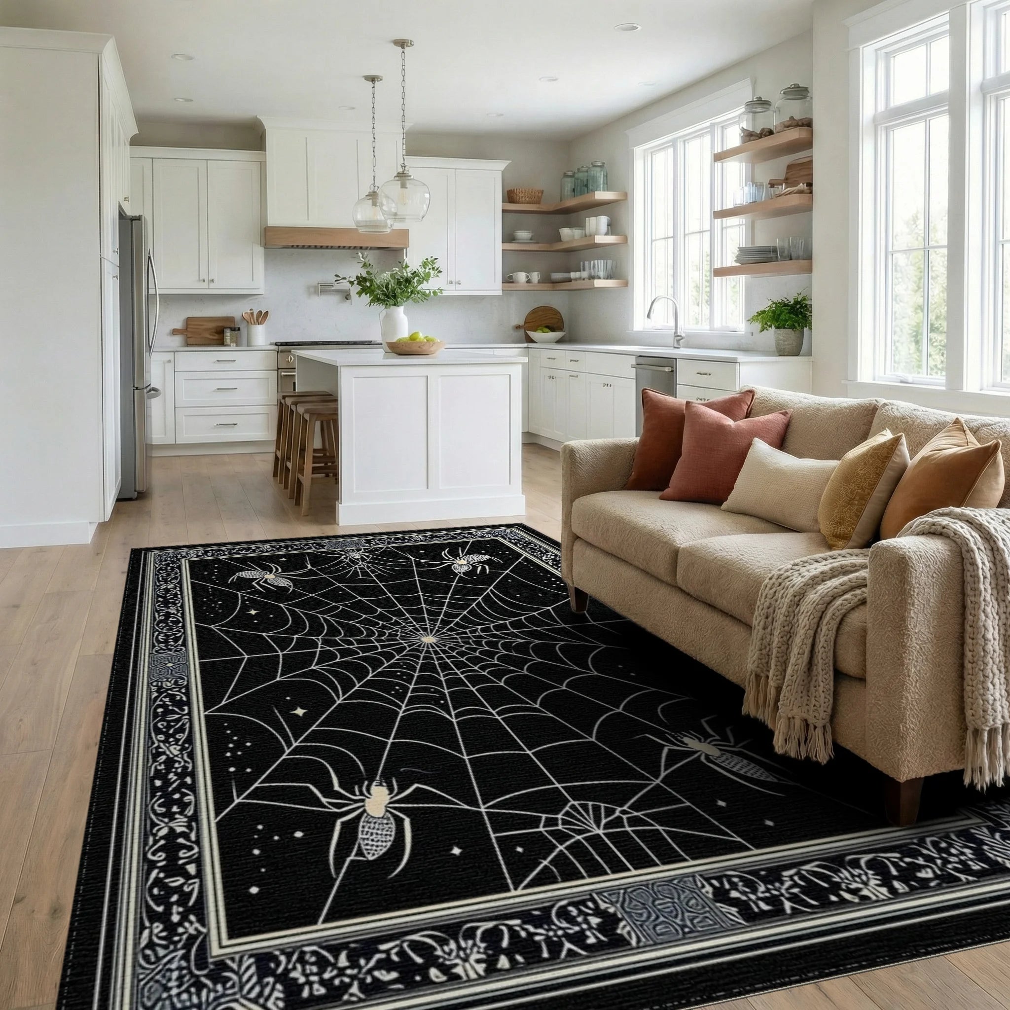 Gothic Ornate Spider Web Rug - Living Room View